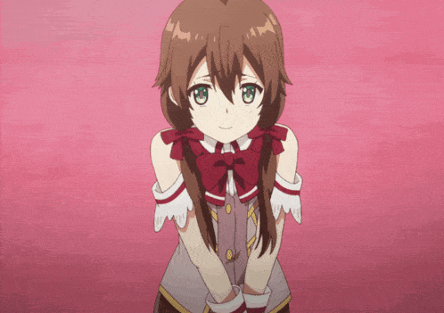 a girl with brown hair and green eyes is wearing a red bow and white gloves