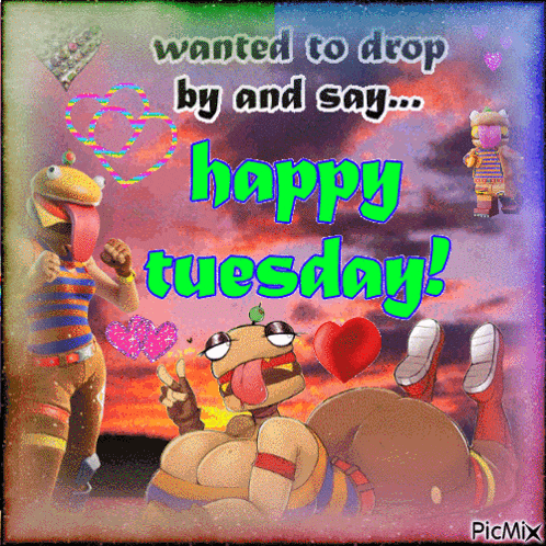 a happy tuesday greeting card with two cartoon characters