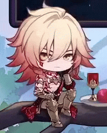 a chibi knight is sitting on a tree branch next to an apple and a glass of wine .