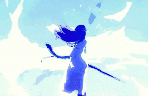 a woman in a blue dress is holding a sword in a blue sky .
