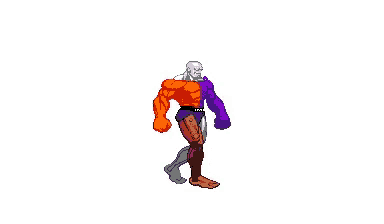a pixel art of a superhero with a purple arm and a red body
