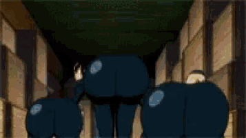 a group of cartoon characters are standing next to each other in a hallway with stars on their butts .