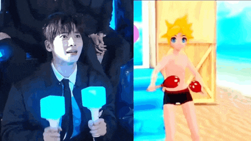 a man in a suit and tie is holding a light stick next to a cartoon character in a bathing suit .