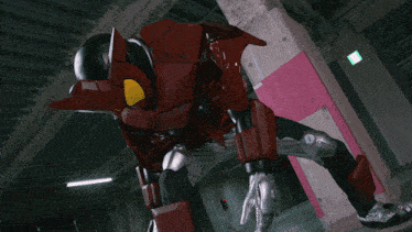 a robot is standing in a room with a pink sign that says ' emergency exit ' on it