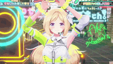 a girl with blonde hair and purple eyes is standing in front of a neon sign with the word channel on it .