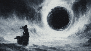 a woman in a black dress stands in front of a black hole in the sky