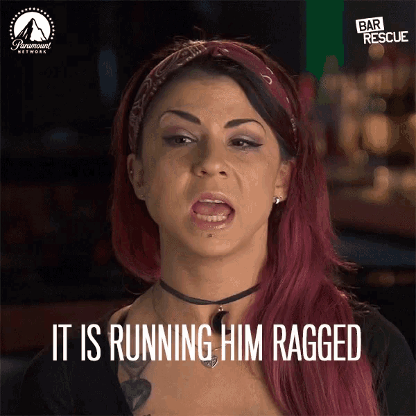 a woman with red hair says it is running him ragged on a paramount network ad