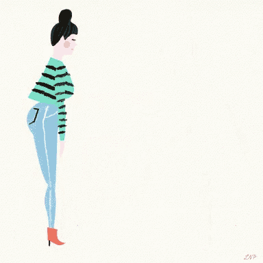 a drawing of two women standing next to each other with one wearing a striped sweater