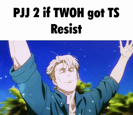 a man in a blue shirt with his arms in the air and a caption that says pj 2 if twoh got ts resist