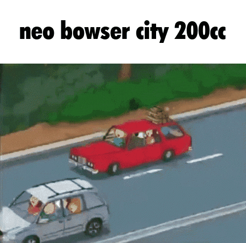 a cartoon of a red car driving down a road with the words neo bowser city 200cc above it
