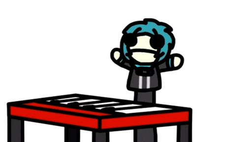 a cartoon character with blue hair is standing on a red table