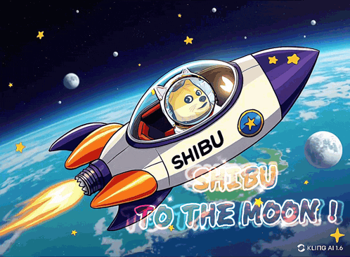 a dog in a space suit is on a rocket with the words shibu to the moon