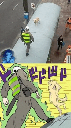 a police officer is walking down the street next to a dog and a cartoon of a dog walking down the street .