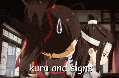 a couple of anime characters with the words kuru and signs written on the bottom