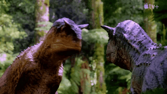 a couple of dinosaurs are standing next to each other in the woods .