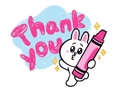 a cartoon bunny is holding a pink crayon in front of the words thank you