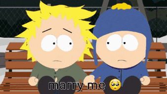 two cartoon characters sitting on a bench with the words marry me written on the bottom