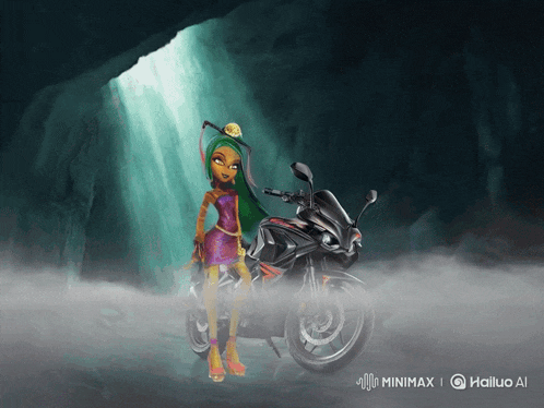 a monster high doll is standing next to a black motorcycle