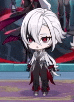 a little girl with white hair and red eyes is standing on a carpet in a room .