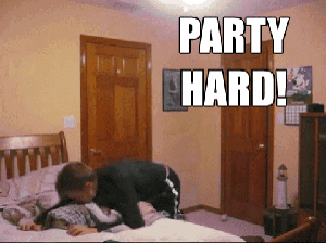 a man is laying on a bed with the words party hard written above him