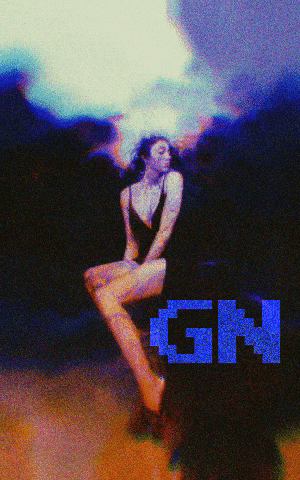 a painting of a woman sitting on a rock with the word gh on the bottom right