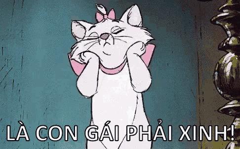 a cartoon cat with a pink bow on her head and the words la con gai phai xinh