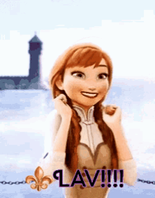anna from frozen is smiling and holding her hair in front of a castle .