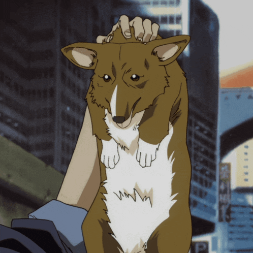 a cartoon drawing of a person petting a dog with a city in the background