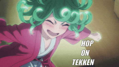 a girl with green hair and the words hop on tekken on the bottom