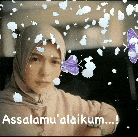 a woman wearing a hijab is surrounded by purple butterflies and the words assalamu ' alaikum