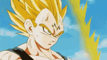 a close up of a cartoon character 's face with a yellow hair and a blue sky in the background .