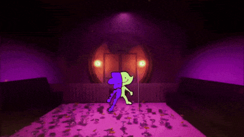 a purple and green cartoon character standing on a pink floor