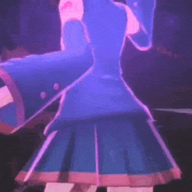a girl in a blue coat and skirt is dancing in a room .