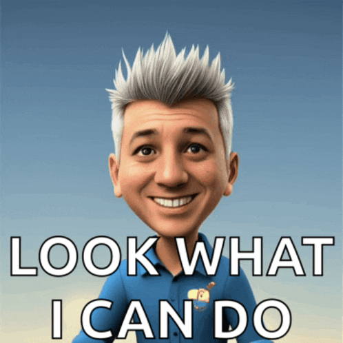 a caricature of a man with the words " look what i can do " below him