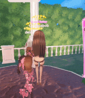 a girl with long hair is standing next to a girl with short hair in a video game called vip