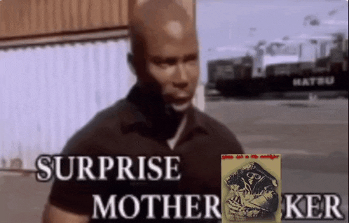 a man is standing in front of a building with the words surprise mother ker written on the bottom