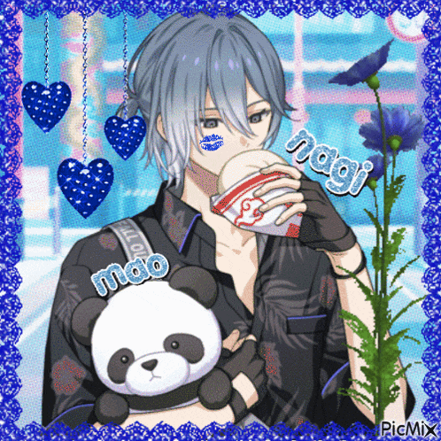 a picture of a boy holding a panda bear with the name nagi written on the bottom