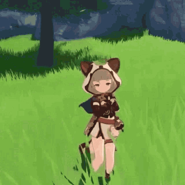 a girl is standing in a field of grass with her arms outstretched .