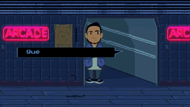 a pixel art drawing of a man standing in front of a sign that says arcade