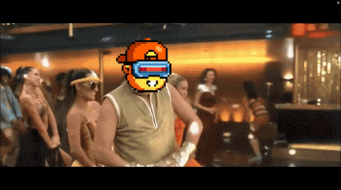 a pixel art of a man wearing a virtual reality headset dancing in a club