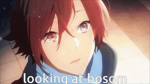 a close up of a red haired anime character with the words " looking at bosom " below him