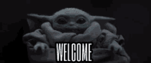 a baby yoda from star wars is holding a sign that says `` welcome '' .