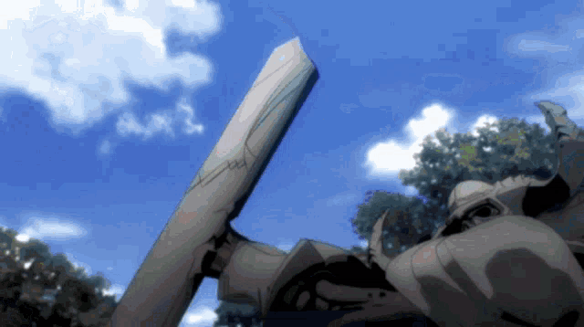 a cartoon drawing of a robot holding a sword against a blue sky with clouds