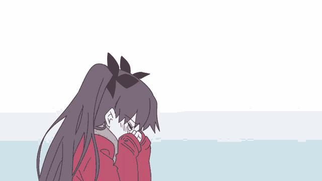 a man in a red jacket is standing next to a girl with a bow in her hair