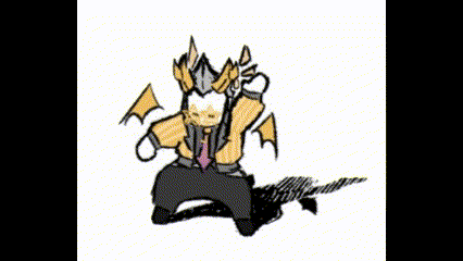 a cartoon drawing of a man in a suit and tie with a sword .