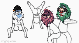 a drawing of a group of people with bearded faces dancing