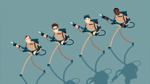 a cartoon drawing of a group of ghostbusters holding guns