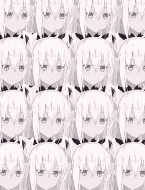 a repeating pattern of white anime characters with green eyes
