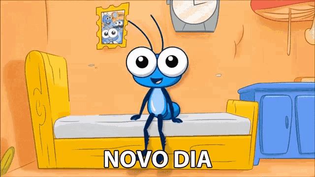 a cartoon ant is sitting on a bed with the words novo dia written on the bottom
