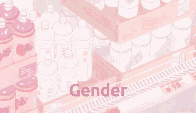 a pink shelf with bottles of water and the word gender on it
